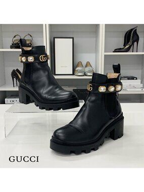 Gucci Leather Bijou GG Marmont Belt Side Gore Short Boots